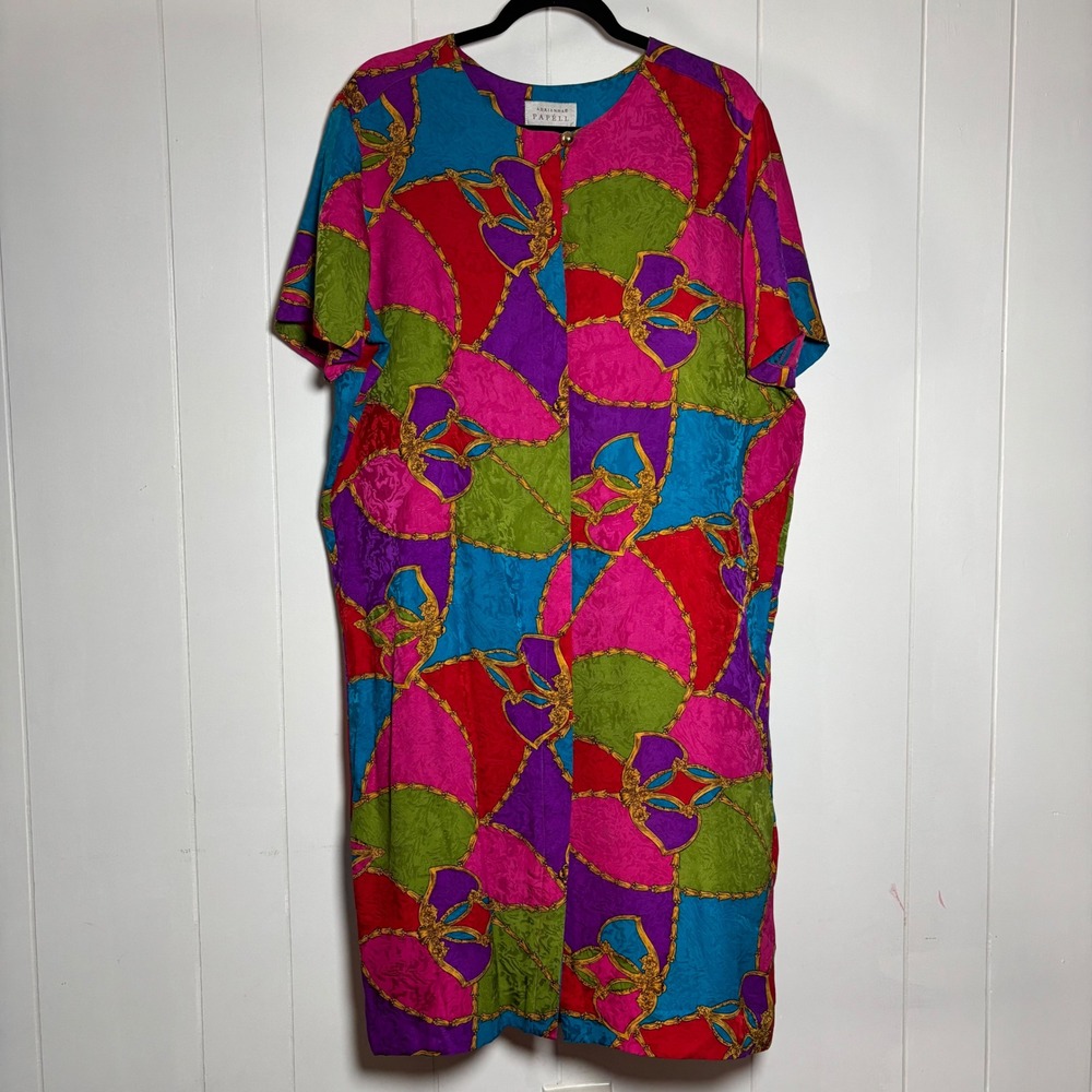 Adrianna Papell Vintage 100% Silk Jacquard Chain Print Shift Dress Color XL 16